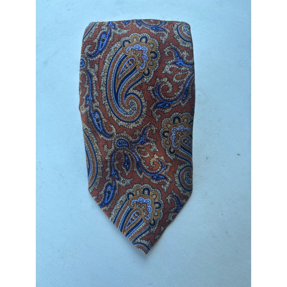 JZ Richards Mens Silk Paisley Necktie Burnt Orange Blue Hand Made in USA
